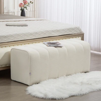 HOMCOM Modern bedroom bench, upholstered bench with wooden frame, up to 220 kg load capacity, footrest, Cream White