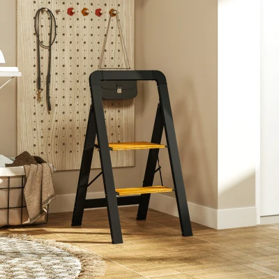 HOMCOM 2-step Step Ladder, Metal, Foldable, Non-Slip Platform, Black