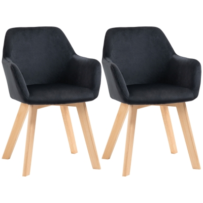 HOMCOM Dining chairs, 2pc set, modern design, velvet-look, rubberwood, 54x57x80 cm, Black