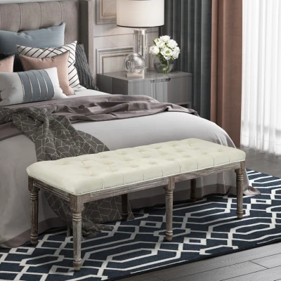 HOMCOM Vintage Velvet Upholstered Bench with Buttons - Beige