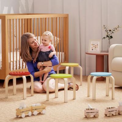 HOMCOM 4 Stackable Stools with Felt Foot Pads, Birch Plywood, Painted, Colorful