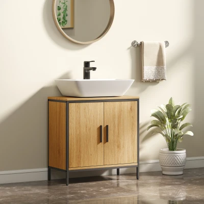 HOMCOM Wastafelonderkast, onderkast met 2 deuren, verstelbare plank, 60x30x60 cm badkamerkast met stalen frame, voor wastafels zonder zuil, eiken