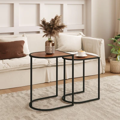 HOMCOM Nesting table set, side tables, metal frame, wood-effect tabletop, Brown