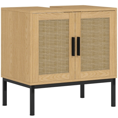 kleankin Bathroom under-sink cabinet, boho design, bathroom cabinet, rattan elements, with U-cutout, oak