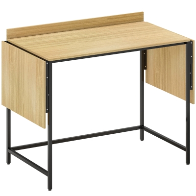 HOMCOM Foldable computer desk with 2 extendable panels, plenty of space for monitors, metal legs, sturdy construction, Oak+Black