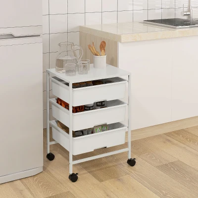 HOMCOM Side cart with wheels, 3 baskets for transport and storage, kitchen cart, 40.8L x 33.5W x 60.5H cm, White