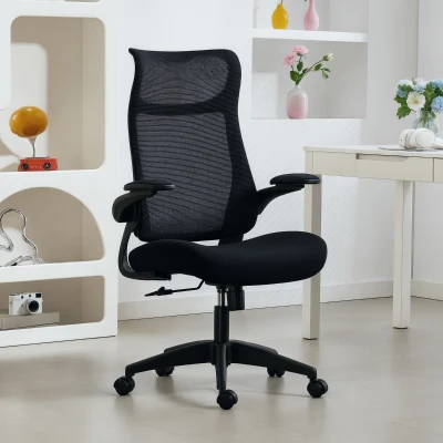 HOMCOM Ergonomiczny fotel biurowy z 3D podłokietnikami, siatkowym oparciem, S-kształtnym oparciem, zagłówkiem, funkcją bujania, czarny