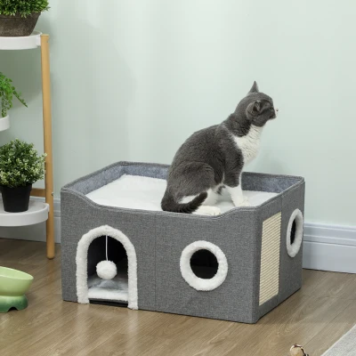 PawHut Casa para Gatos Plegable con Rascador 3 Entradas Bola Colgante Cojín Reversible en Felpa y Tipo Lino 60x40X34 cm Gris