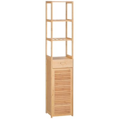kleankin Bathroom shelf, 3 open shelves, drawer, slatted opening, bamboo, 32 x 30 x 163 cm