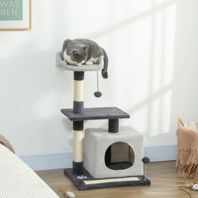PawHut Árbol Rascador para Gatos 85 cm con Plataformas Cueva Postes Rascadores Tapete de Sisal Bolas Gris Claro y Negro