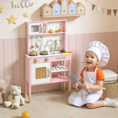 AIYAPLAY Cocina de Juguete de Madera con Sonido con Accesorios de Acero Inoxidable Verduras para Cortar Rosa