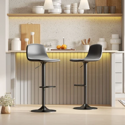 HOMCOM 2-Pack Bar Stools, Faux Leather Swivel Bar Chairs with Backrest and Footrest, Metal Base, Black