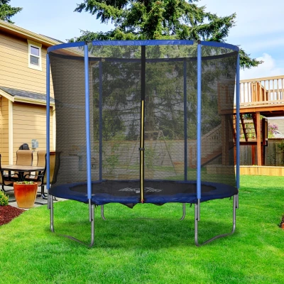 HOMCOM Trampolin mit Sicherheitsnetz Gartentrampolin für Innen- und Außenbereich Fitnesstrampolin für Jugendliche und Erwachsene Stahl Blau+Schwarz bis 113,6 kg Ø244 x 240H cm