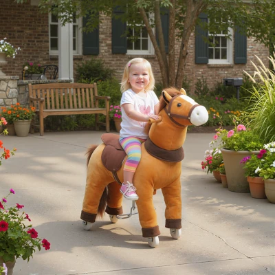 AIYAPLAY Plush Ride-On Horse with Wheels & Saddle Dark Brown