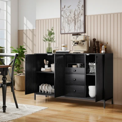 HOMCOM Aparador de 3 Puertas Aparador de Salón con 3 Cajones Estantes Ajustables para Cocina Entrada Negro 143,5x40x90 cm