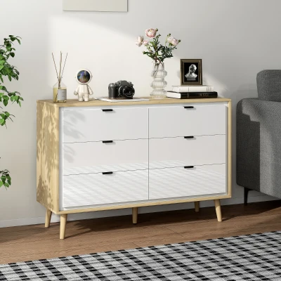 HOMCOM Cómoda 6 Cajones Cómoda Dormitorio con Patas de Madera Estilo Moderno 110x40x75 cm Blanco Brillo y Roble