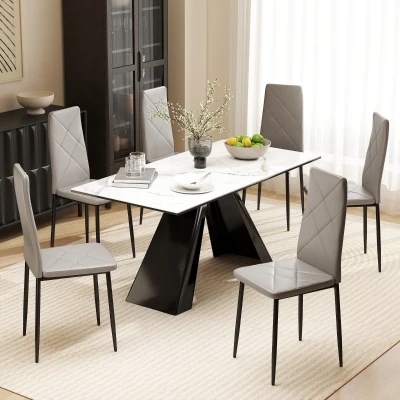 HOMCOM Set mit 6 modernen Esszimmerstühlen mit hoher Rückenlehne aus Kunstleder und Stahl, 41x50x97 cm, Grau