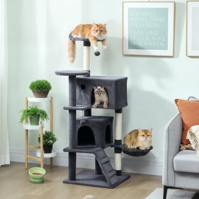 PawHut Albero per Gatti con 2 Casette, Lettino e Amaca Grigio