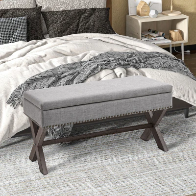 HOMCOM Storage Ottoman, Elegant Blanket Box with Bentwood Frame, Sponge Top, Footstool for Hallway, Entryway, Grey