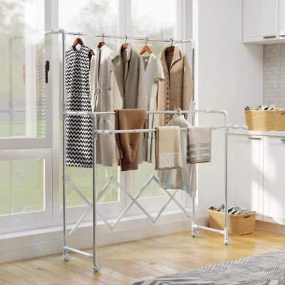 HOMCOM Estendal Vertical Dobrável de 3 Níveis Estendal de Aço Inoxidável com 3 Barras Ajustáveis e Extensíveis 4 Rodas 104-150x103x145-197 cm Prateado
