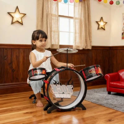 AIYAPLAY Batería para Niños de +3 Años con Taburete Tambores Bombo Platillo y Baquetas 59,5x31,5x59 cm Negro