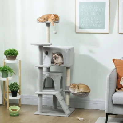 PawHut Árbol Rascador para Gatos 140 cm con Plataformas Cama 2 Cuevas Hamaca Escalera Postes de Sisal Gris Claro