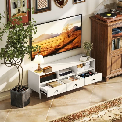 HOMCOM Móvel de TV Moderno com 3 Compartimentos Abertos 3 Gavetas para Televisão de 45/55/65 Polegadas 120x34x45 cm Branco