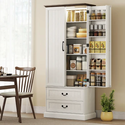 HOMCOM Buffet Haut Cuisine LED, 2 Portes, Tiroirs, Blanc