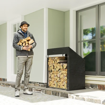 Outsunny Leñero Exterior en Acero Reforzado con Cubierta Impermeable, 100x60x110 cm, Negro