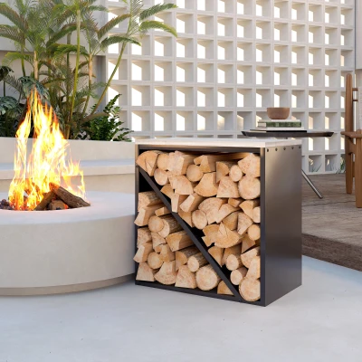 Outsunny 2-in-1 Kaminholzregal für innen 58 x 36 x 60cm erhöhtes Brennholzregal mit Trenner Metall Schwarz