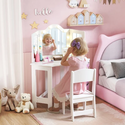 AIYAPLAY Kids Vanity Set White with LED Lights & Tri-Fold Mirror