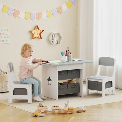 AIYAPLAY Mesa Infantil con 2 Sillas con 6 Cajones de Tela Diseño Estrellas para Niños y Niñas de 3-8 Años Gris Claro