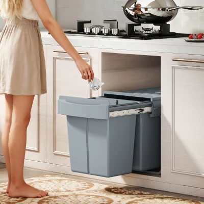 HOMCOM Cubo de Basura bajo Fregadero 2 Contenedores de Reciclaje Extraíble 2 x 20 L Deslizamiento Suave Gris