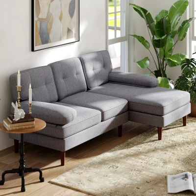 HOMCOM Sofá Esquinero de 3 Plazas Tapizado en Chenilla en Forma de L con Patas de Madera y Reposabrazos 215x142x88 cm Gris