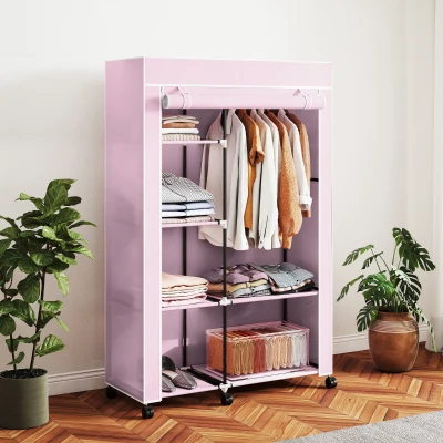 HOMCOM Armario de Tela con Ruedas Ropero Portátil con 6 Estantes y 1 Barra de Colgar para Dormitorio 103x43x162,5cm Rosa