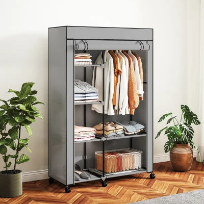 HOMCOM Armario de Tela con Ruedas Ropero Portátil con 6 Estantes y 1 Barra de Colgar para Dormitorio 103x43x162,5 cm Gris