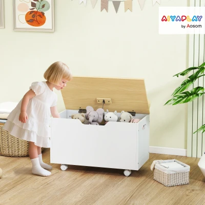 AIYAPLAY Kinder-Spielzeugtruhe mit Rollen Klappdeckel mit Sicherheitsschanier Wolken-Design Weiß und Natur