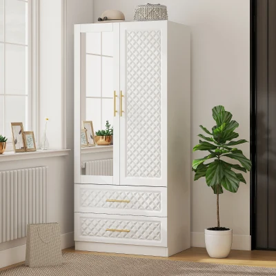 HOMCOM Roupeiro com Espelho 2 Portas e 2 Gavetas Relevo de Diamante Barra para Pendurar Estilo Moderno 80x50x180 cm Branco