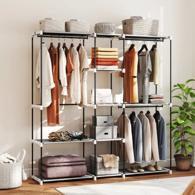 HOMCOM Armario de Ropa 182x43x185 cm Armario Abierto con 8 Estantes de Tela Barras para Colgar Marco de Metal Gris Claro