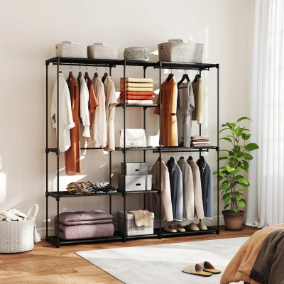 HOMCOM Armario de Ropa 182x43x185 cm Armario Abierto con 8 Estantes de Tela Barras para Colgar Marco de Metal Negro
