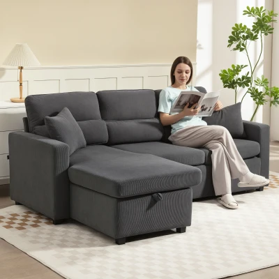 HOMCOM Verstellbares Bettsofa, L-förmiges Gästesofa mit Bettfunktion, Stauraum, Kissen, für Wohnzimmer, Gästezimmer, Grau