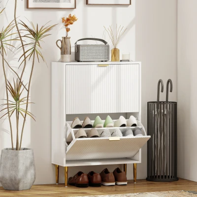 HOMCOM Zapatero Estrecho con 2 Puertas Acanaladas con Estantes Ajustables para 12 Pares de Zapatos 60x24x91,5 cm Blanco