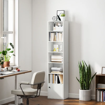 HOMCOM Librería de 7 Niveles Estantería para Libros Moderna con Estantes Abiertos y Puerta 40x30x180 cm Blanco