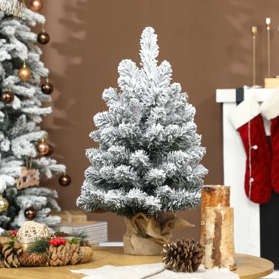 HOMCOM Mini Kunstkerstboom 60 cm, nepspar met sneeuw, 72 takken, 6 dennenappels, cementvoet