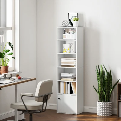 HOMCOM Librería de 5 Niveles Estantería para Libros Moderna con Estantes Abiertos y Puerta 40x30x156 cm Blanco