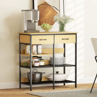HOMCOM Sideboard, Kommode mit 2 Schubladen, 3 offenen Regalen Küchenschrankfür Küche, Wohnzimmer 90 x 40 x 91 cm, Naturholz