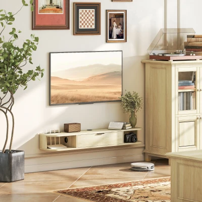 HOMCOM Mueble de TV Suspendido con Cajón Abatible 2 Estantes Abiertos Gestión de Cables 120x24x16 cm Madera Natural