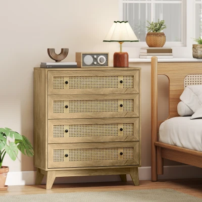 HOMCOM Cassettiera 4 Cassetti Rattan Stile Boho cm Legno Naturale