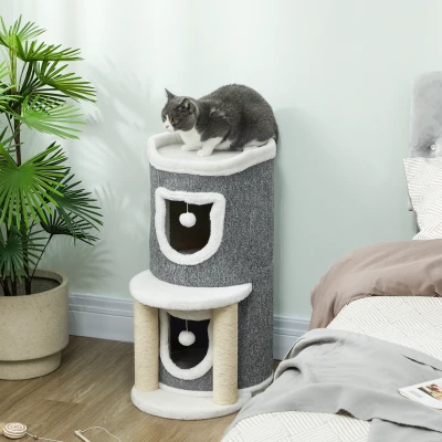 PawHut Árbol Rascador para Gatos Árbol para Gatos 76 cm con Cama 2 Cuevas Postes de Sisal Alfombra Bolas para Jugar Gris