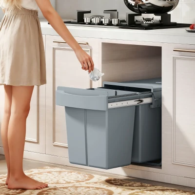 HOMCOM Ausziehbarer Mülleimer, 2 x 20 L, entnehmbare Behälter, Kunststoff, Metall, Grau